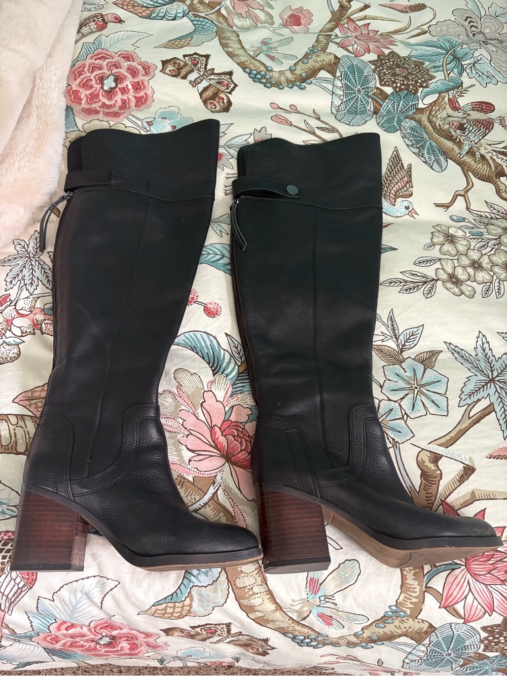 Franco Sarto Women’s Wide Calf Black Leather Knee-High Block Heel Boots